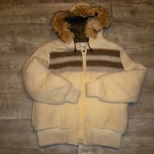 Vintage Gemini Parka Womens Fur Hoodie Striped Wool Blanket Coat Jacket Size 14